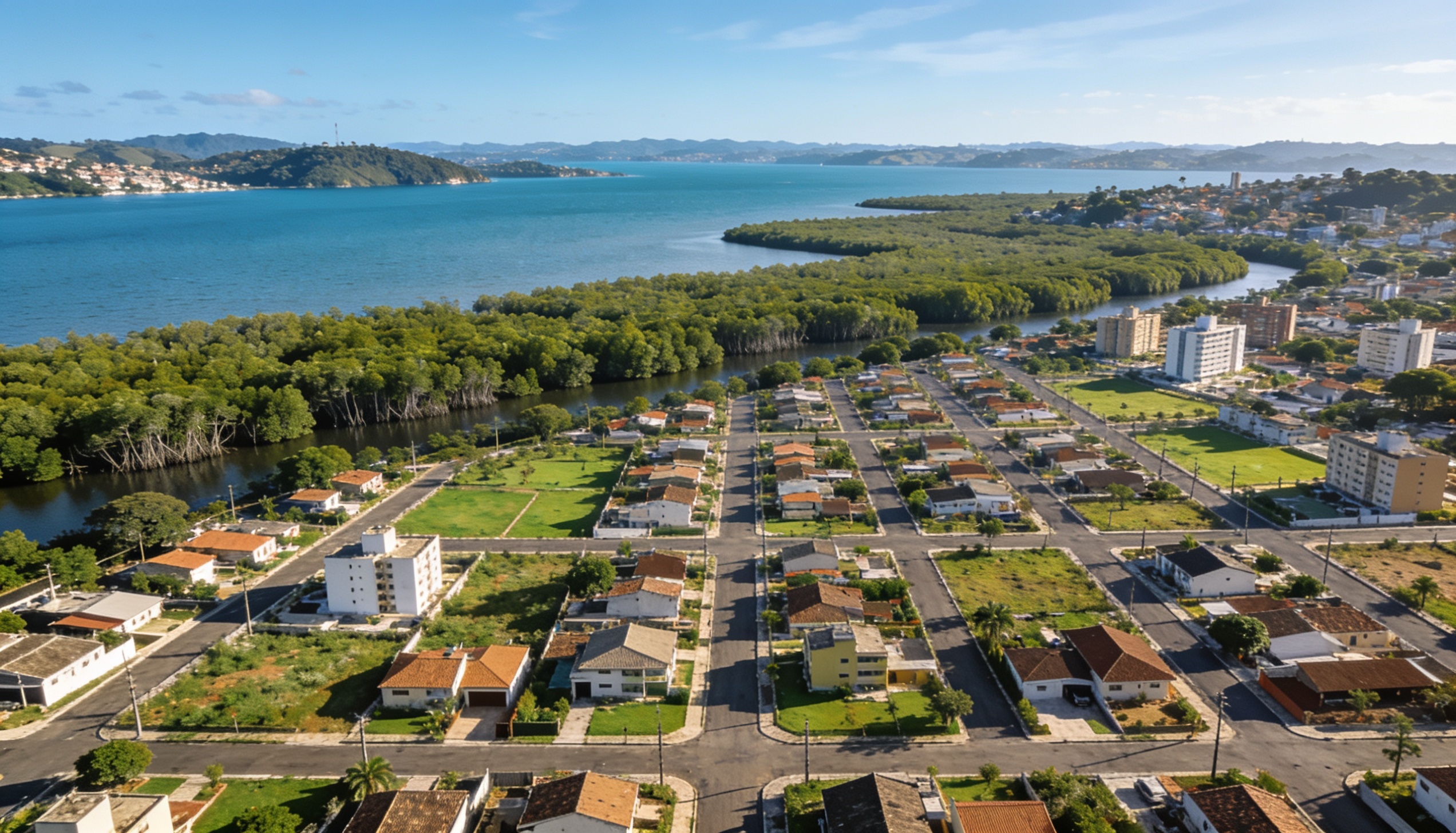 Vista aérea da Zona Leste de Joinville com a Baía da Babitonga ao fundo
