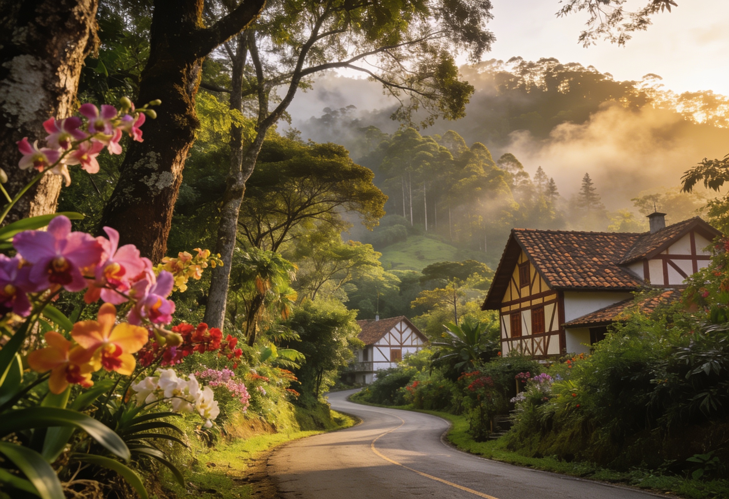 Rota de turismo rural da Zona Norte de Joinville com vegetação subtropical e arquitetura colonial