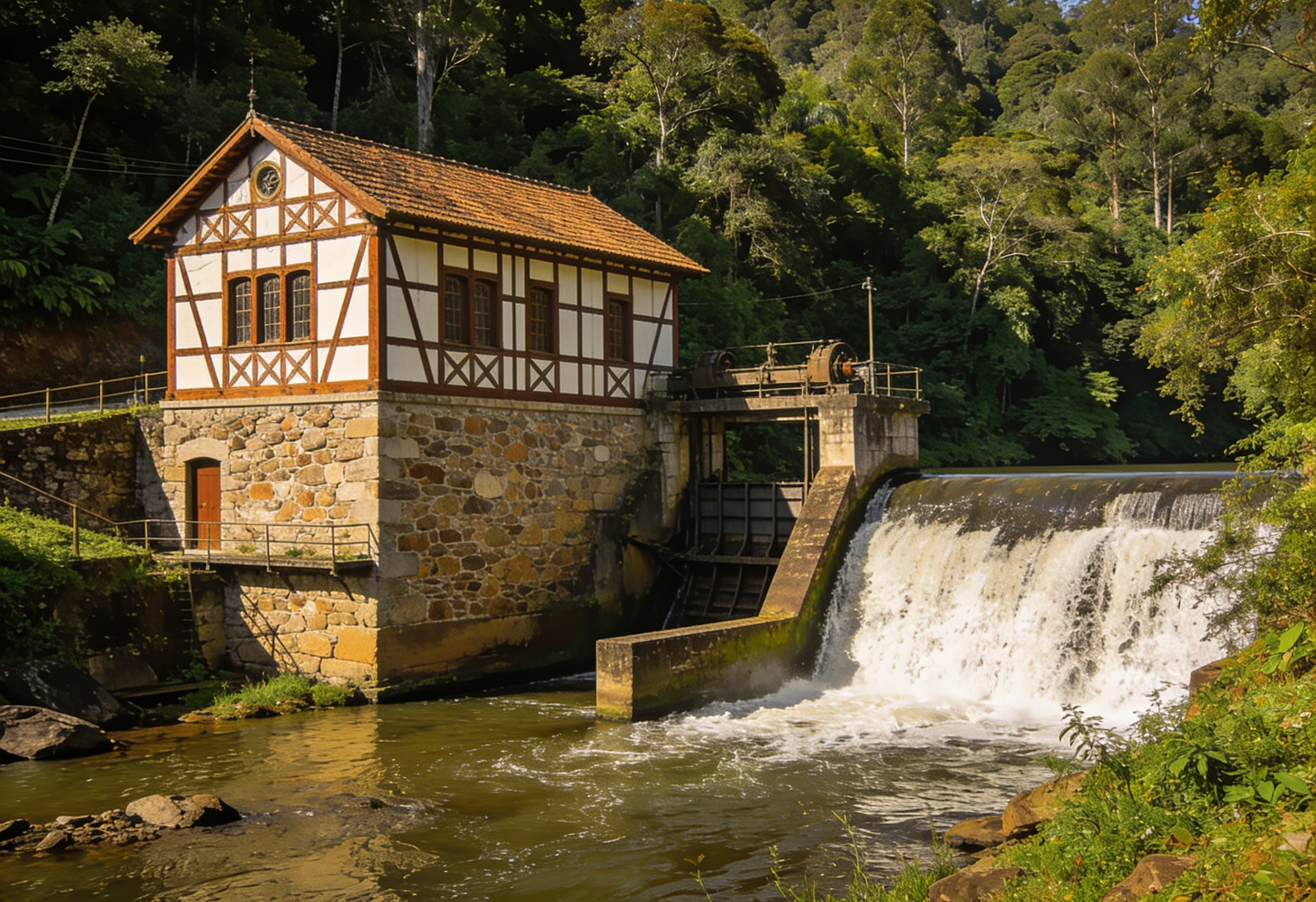 Usina do Piraí, a mais antiga usina hidrelétrica de Santa Catarina, com arquitetura enxaimel e cachoeira