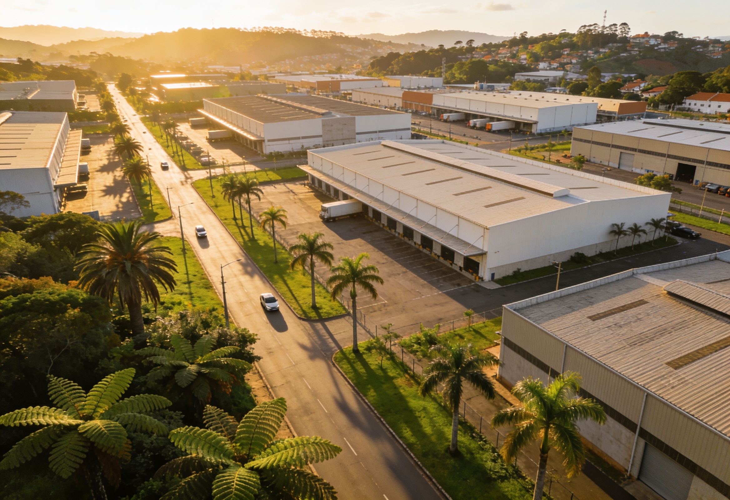 Distrito Industrial do Paranaguamirim em Joinville, com galpões logísticos e vegetação subtropical ao redor
